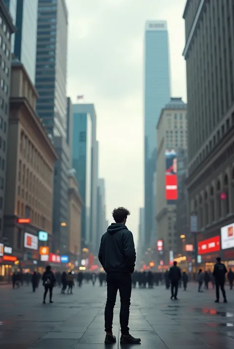 A lonely young man in the center of Moscow city 