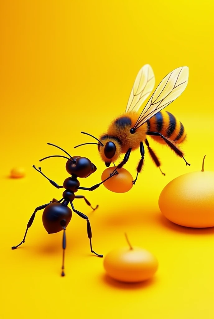 Female bee attacking an ant by hitting it, yellow and black with yellow background, animated bee.