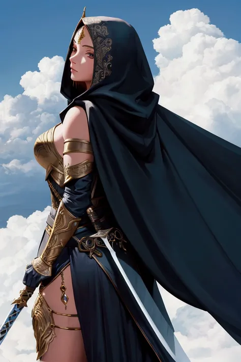 (looking over the shoulder pose) fantasy female warrior in a beautiful gown with hooded cape posing with a sword