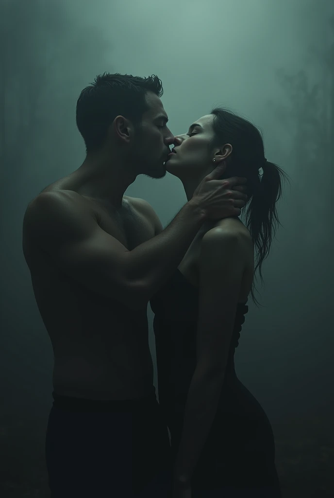 A man&#39;s hand grabbing a woman&#39;s neck (only the man&#39;s hand and the neck he is holding can be seen), You can&#39;t see the faces and the background is fog