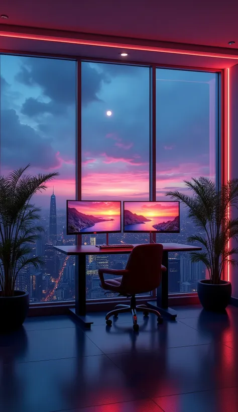 2 monitors、sunset and sea view、white screen、large monitor、room with a night view、skyscraper、monitors are placed vertically、styli...