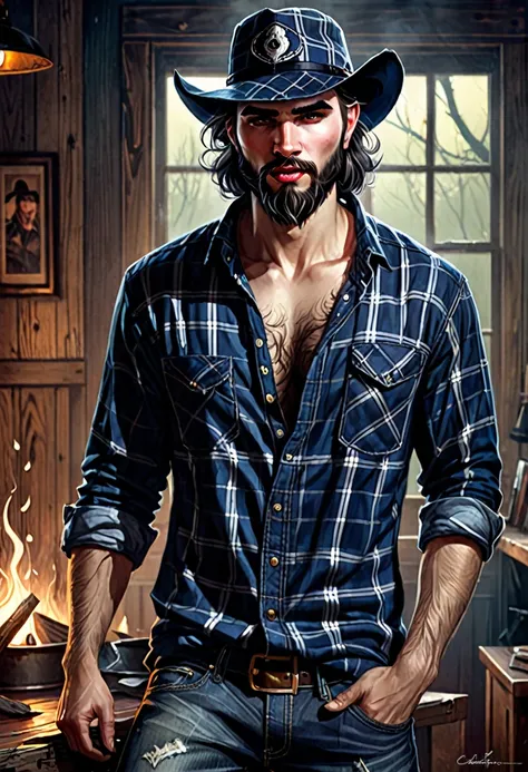 (good quality), (many details), (masterpiece), style of Charlie Bowater, man, vampire, fangs, open lumberjack shirt (plaid shirt), strong chest hair, hat, jeans, torn, wild look, hands like claws, brutal look, wild beard, ugly, cap