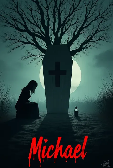 I want to make a poster for a horror movie in 46x61 cm, with bloody centered title and cursive writing "Michael". Background, a coffin lying centrally, a woman on the side kneeling in black crying, a small bottle of poison and at the other end a large juaz...