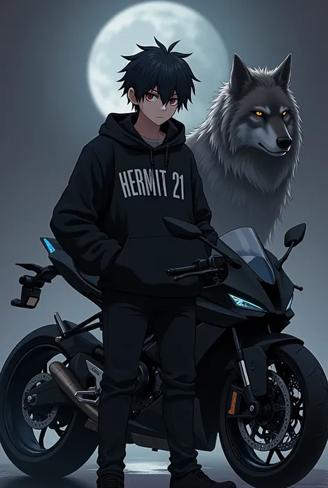 Caucasian anime boy wearing a black sweatshirt with the name Hermit 21 and posing with his black RR310 motorcycle and a legendary wolf in the background