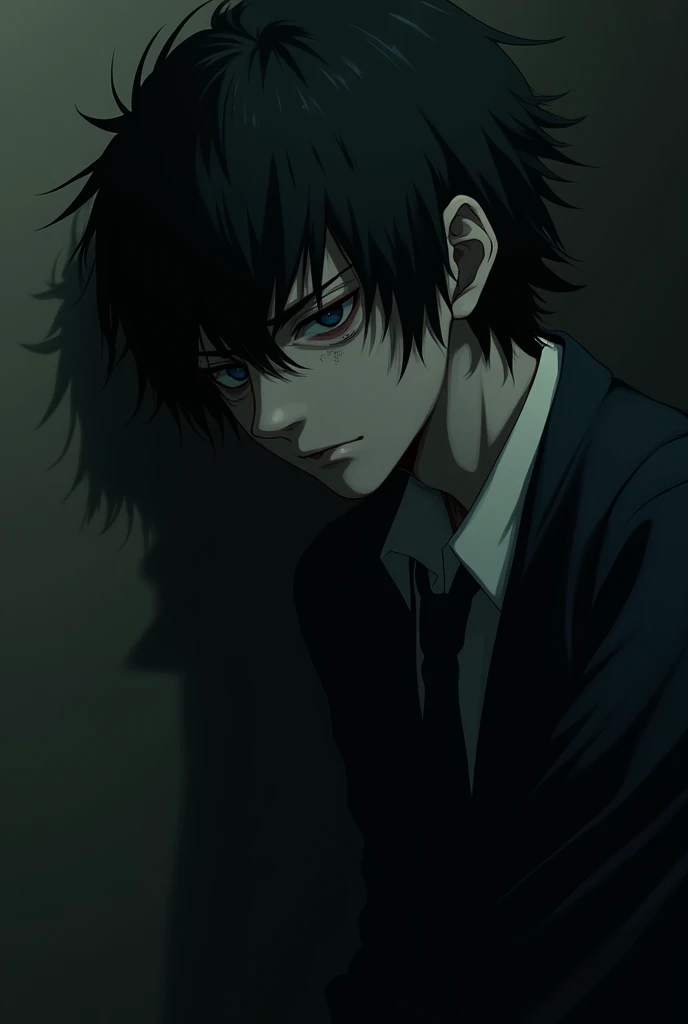 Make a picture of Detective L from Death Note alone and sad 