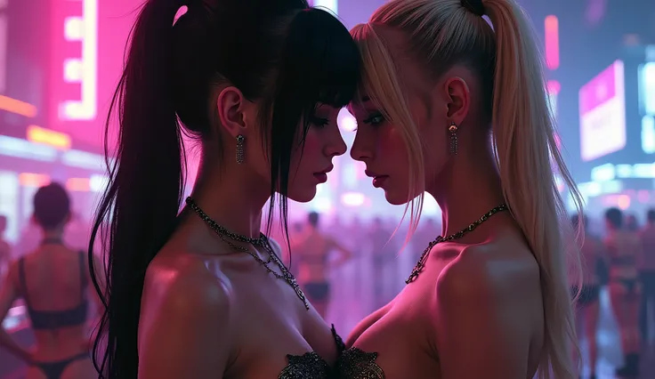 (masterpiece, best quality, 8k, sharp focus, depth of field, best shadows, perfect lights, HDR, realistic skin texture, ultra-detailed background, detailed), anime style, 2 women kissing (one of them has green eyes, white skin, black hair with ponytail, ch...