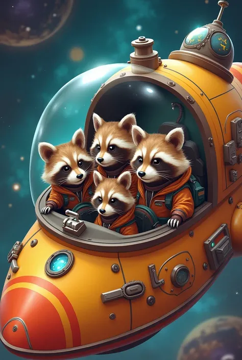 Three little raccoons - space travelers explorers. Their spaceship. Illustration for a children&#39;s book


