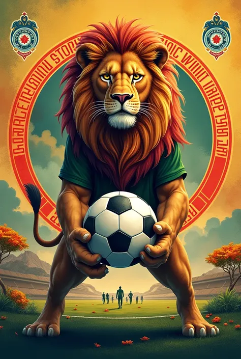 Create an image of a sports banner with the title "29th anniversary of the DECEMBER 8 POPULATION CENTER".  as a background image have a lion with a ball.