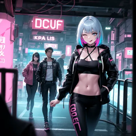 masterpiece, best quality, absurdres, (cables connected mecha clothes:1.2), (cyberpunk, neon lights:1.2), lu1 cyborg, multicolored hair, makeup, (grey eyes), medium breasts BREAK (open jacket, neon hoodie jecket), neon sport bar, midriff, (slender:0.7), co...