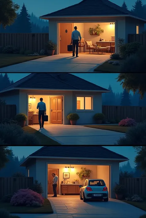 Create these 4 images 1 man arriving home being inside his house being tired and with documents 2 preparing to leave in his car from the garage 3 going for a ride with his car 4 returning home more thoughtful about the next day 
( all this happens at night...