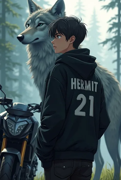 Caucasian anime boy wearing a black sweatshirt with the name Hermit 21 and posing with his back to his black TVS RR310 motorcycle and a legendary wolf in the background