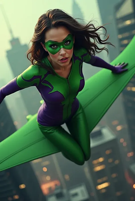 Beautiful brunette woman, Perfect body wearing a green goblin suit flying on his individual comic book glider with a smirking green goblin mask from Marvel
