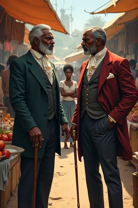 Create two slave masters talking at a goods stall, where a black woman selling goods 