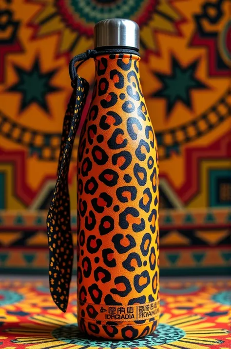 Design A water bottle with kitenge cotton coating with leopard on it and with also a handle   made of kitenge and Rwanda imigongo arts 