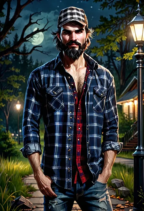 (good quality), (many details), (masterpiece), style of Charlie Bowater, man, vampire, fangs, open lumberjack shirt (plaid shirt), strong chest hair, hat, jeans, torn, wild look, hands like claws, brutal look, wild beard, ugly, cap, night in the park