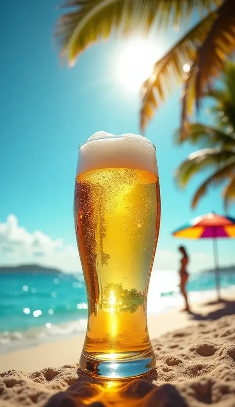 Crystal Glass、Beach、blue sea、palm、Golden Beer 、Chilled glass、Beer 、Beautiful beer、Sparkling、Summer sea in the background、The blazing sun、parasol、Swimsuit Gal、Neon color、High resolution, Highest quality, masterpiece, Widescreen, detail, High detail, High-re...
