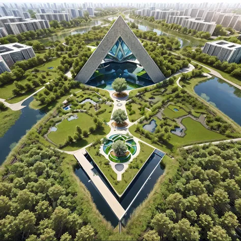 two angular ponds and three tree houses , in park, building in shape of tree, Architectural render, connected roads , render by Zaha hadid, city, park, from top