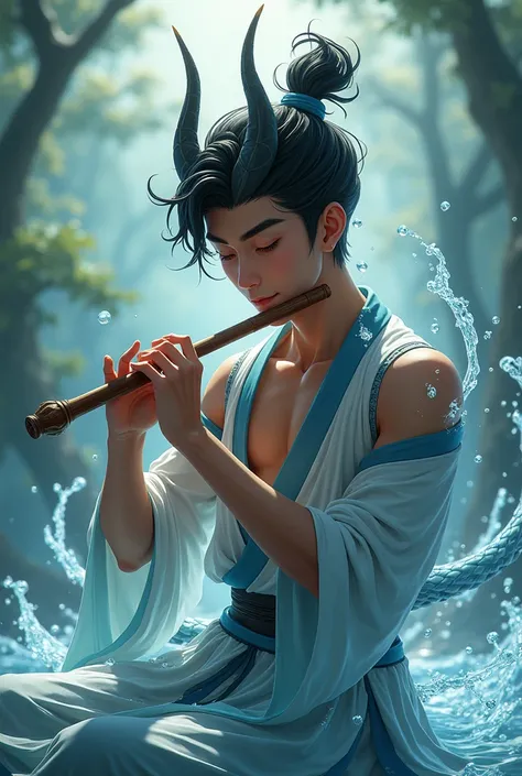 （Handsome dark skin boy dragon horns, dragon tail），Play the flute with your eyes closed，Water drops fill with air，Whole body，super details, Chinese traditional clothing，The best quality，masterpiece，8k，extremely detailed，epic work of art, anime style, Digit...