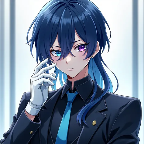 1 boy, anime art style, A young man, Long hair, dark blue and white hair, wearing a Futuristic Black Suit, and a single glove on his right hand, Heterochromia eyes, one eye is Aquamarine and the other is a Purple eye, a cold gaze and expressionless face, a...