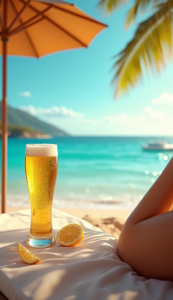 Crystal Glass、Beach、blue sea、palm、Golden Beer 、Chilled glass、Beer 、Beautiful beer、Sparkling、Summer sea in the background、The blazing sun、parasol、Swimsuit Gal、Neon color、High resolution, Highest quality, masterpiece, Widescreen, detail, High detail, High-re...