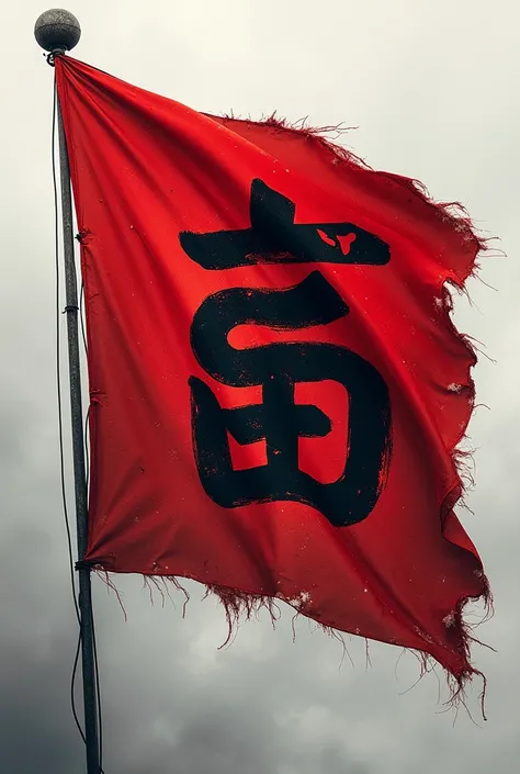 Flag, red scarlet flag, snake symbol on star kanji symbol, black and white symbol,  worn out flag 