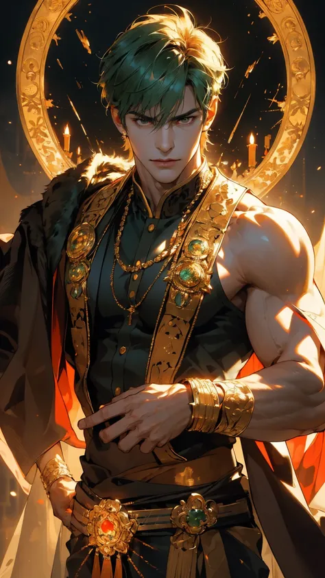 {(best quality, 8k, masterpiece, HDR, soft lighting, perfect image, digital illustration, manhwa art, hyper detailed image, perfect lines, realistic)} 1 very handsome man, tan skin, mature, broad shoulders, muscled, square jaw, short spiky green hair with ...