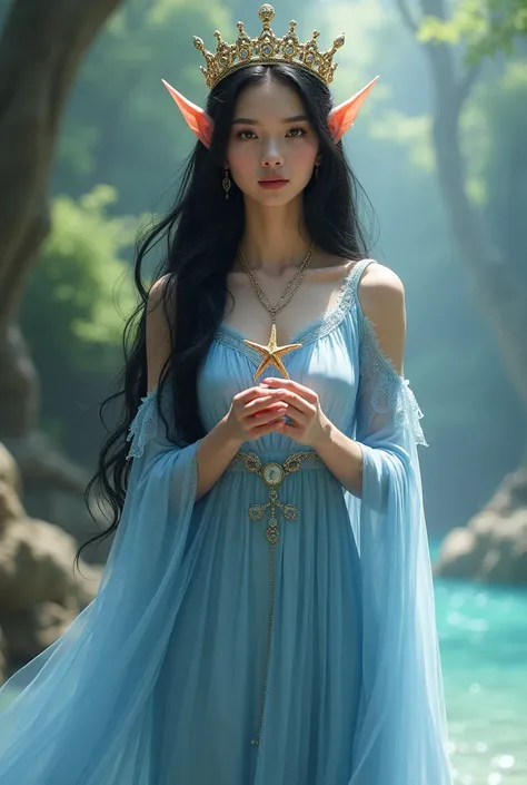 Elf queen black hair light blue dress crown with a small starfish in her hands 