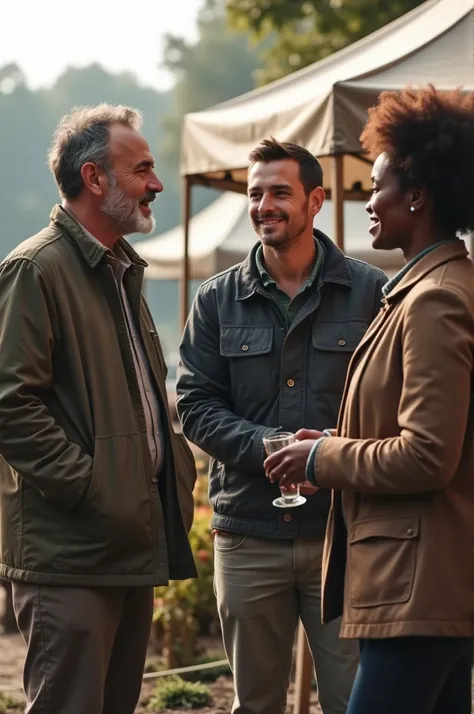 Make two white-European men talking next to a tent, with a black woman selling the goods 