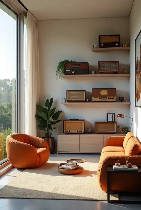 Modern room with a collection of vintage and modern radios 

