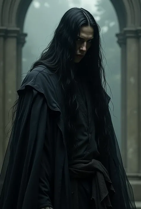 This character is known for his long black hair that covers most of his face and his torn garment