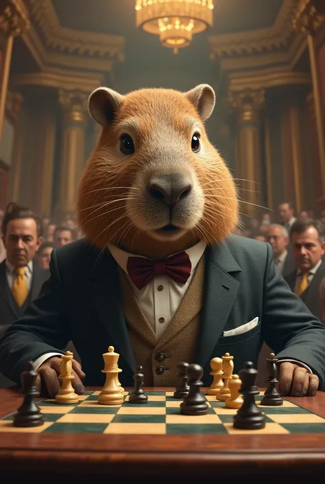 A capybara playing chess in a tournament, detailled image