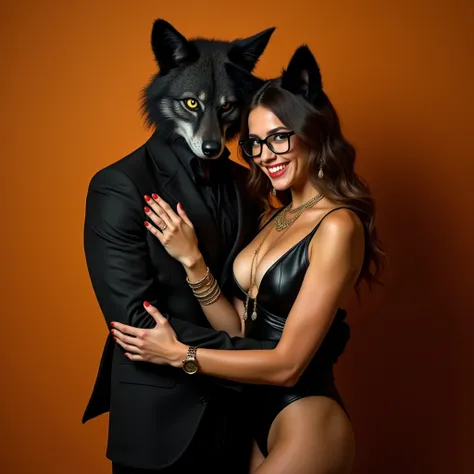 Man with wolf mask in black suit, Hugging a naked woman, bare breasts, She , with huge breasts, with a flirtatious smile, His green eyes, Brown hair, She looking at the camera, She with black fox ears, She with a gold watch on her wrist., She with gold cha...