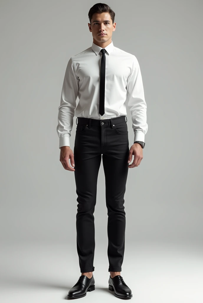 black jenes with white shirt black line and black long shoes 