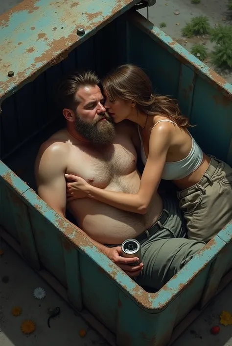 Generates an image of a handsome man, Light brown hair, with short hair and back, with a beard and lots of hair on his body, with a belly and holding a can of beer, Drunk man lying in a garbage container and a woman hugging him