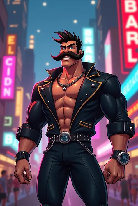 Create a character like Jhonny Bravo, of a man with a mustache and the text Luel the brave