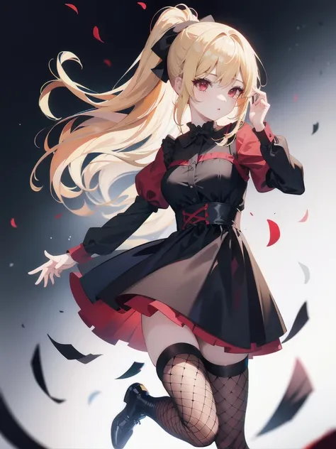 one girl、blonde、red eyes、ponytail、long hair、black dress、fishnet tights、white background