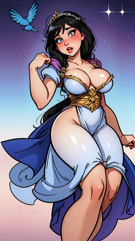 Princess Snow White with blue birds above her head, Tied in Shibari, Large breasts, Blush, Gagged, Heavy Breathing, Wide-Eyed, Glint, From Above, Sparkle, 