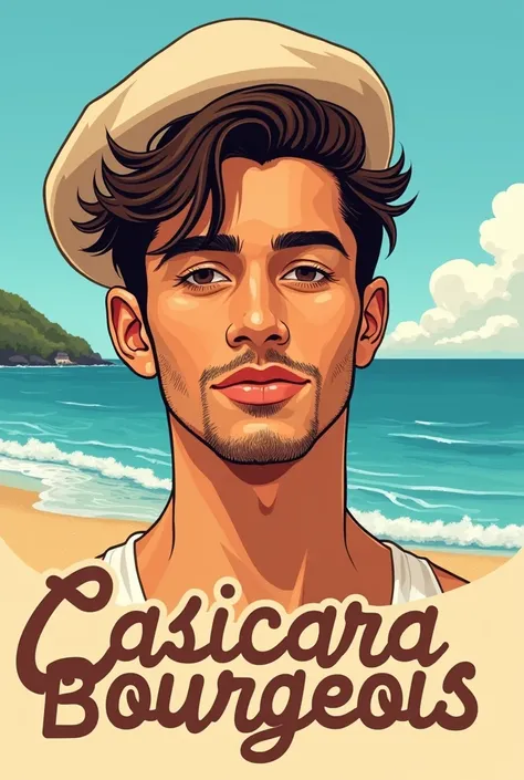 Thrift store logo with the face of a young Brazilian man drawn as a beachgoer with a beret on the beach, with the word caiçara bourgeois written on it