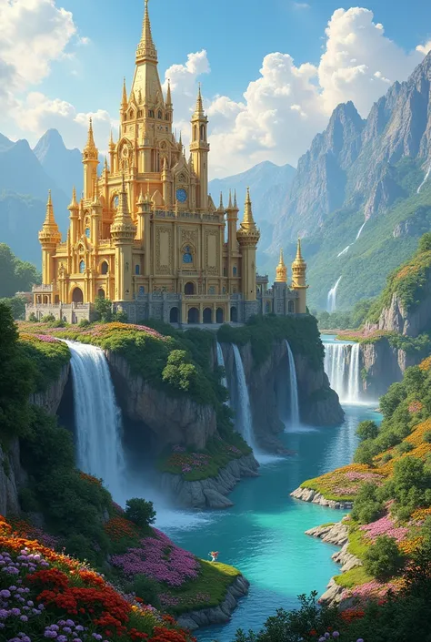 Golden castle with rivers and water fall and many flower and beautiful sky and amazing gardens with majestic buildings 