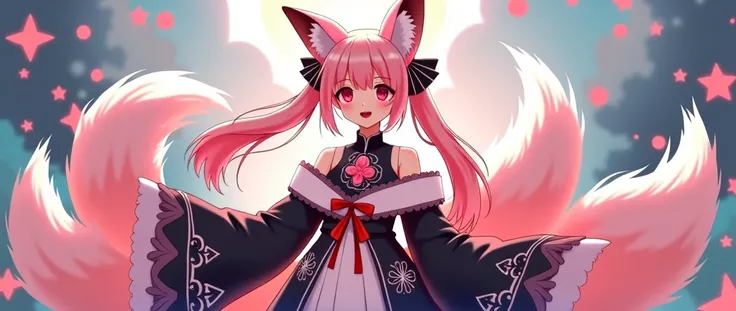 anime art style, female character, light pink long hair with pigtails, peach color eyes, pale skin, light pink fox ears, black and white kitsune custome with pink details, four big fox tails, godess pose, really happy fantasy background