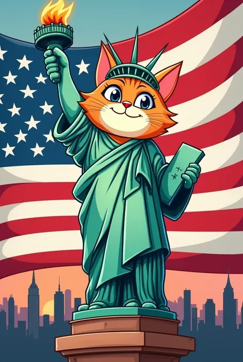 Make a picture of a cat in the pose of the Statue of Liberty with the American flag in the background. In 2d cartoon