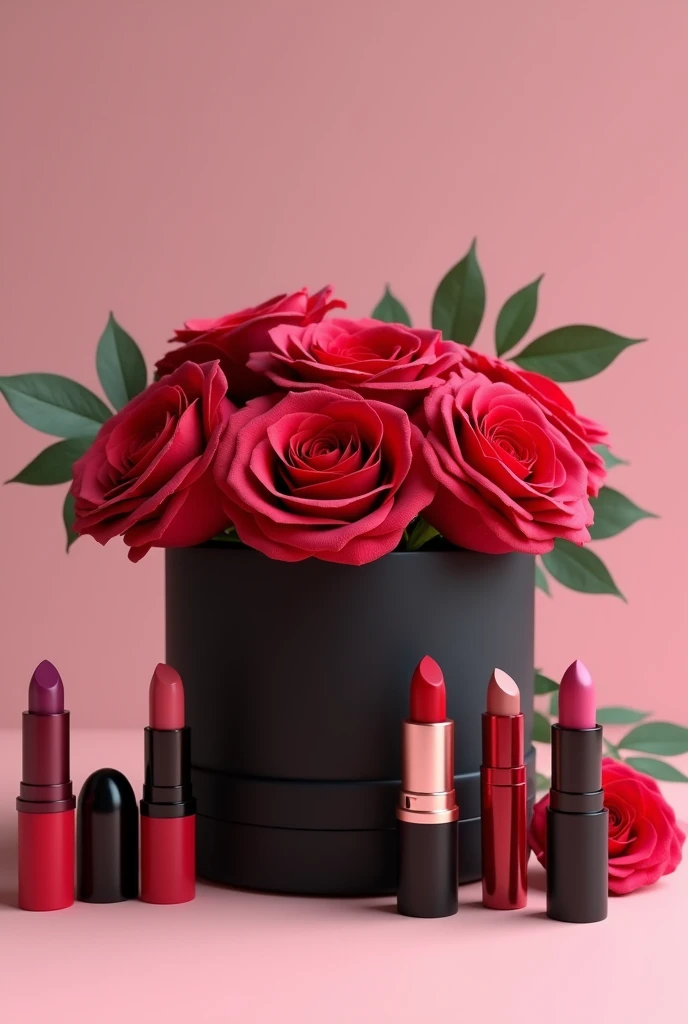 Give me a small black box with roses inside and 6 lipsticks right there 