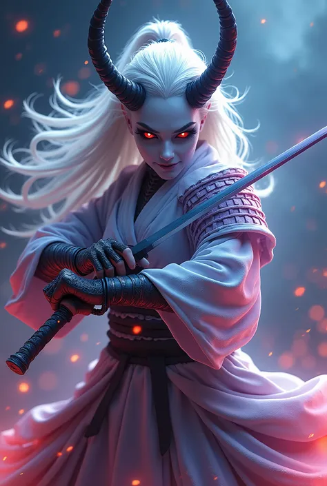 (best quality,4k,8k,highres,masterpiece:1.2), ultra-detailed, (realistic,photorealistic,photo-realistic:1.37), terrifying white demon girl with the appearance of a samurai,  (in the Galaxy:1.3), dynamic poses, threatening gaze, samurai sword techniques, me...