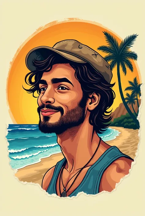 Thrift store logo with the face of a young Brazilian man with wavy hair drawn as a beach man with a beret on the beach, written caiçara bourgeois