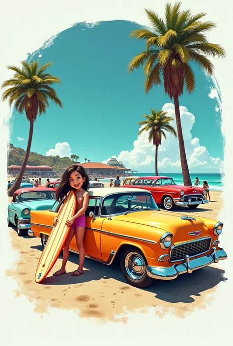 I would like to create a print for very colorful white t-shirts. ,with surfer kids and different old cars 1 , high resolution, longye hair, laughter, gaping mouth, Bblack hair, hair blonde, high resolution, Textured skin, longye hair, shorth hair, bangss, ...