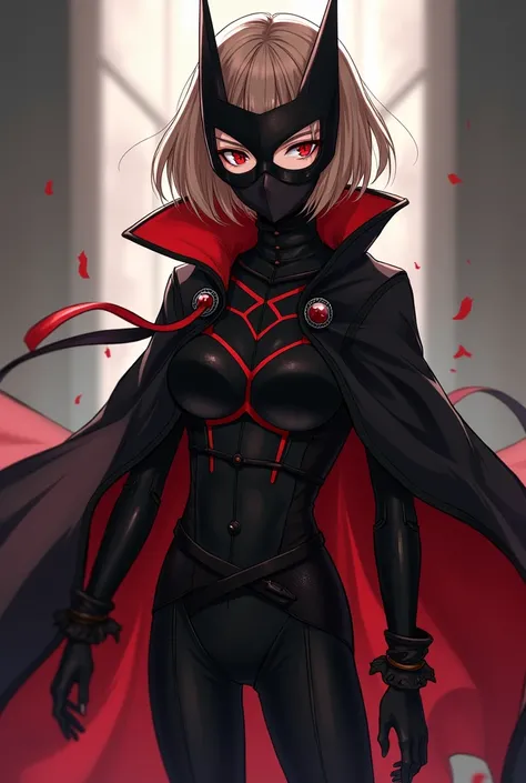 An anime character with black and red clothes, black mask on his face, light brown hair and light brown eyes.