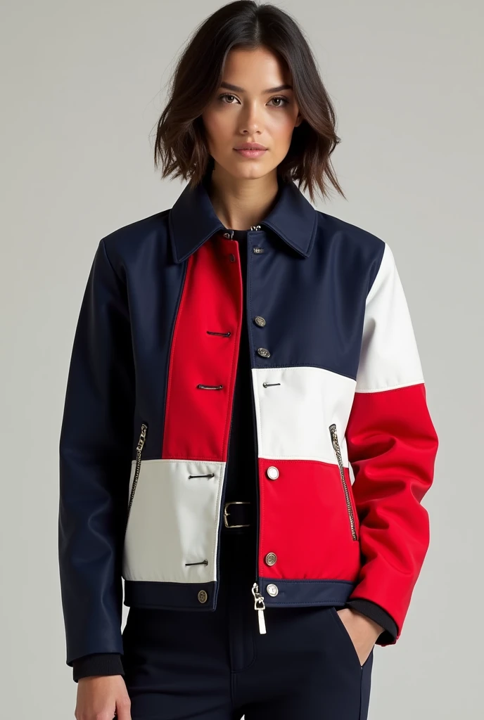 Create me a jacket with the colors navy blue, red and white 