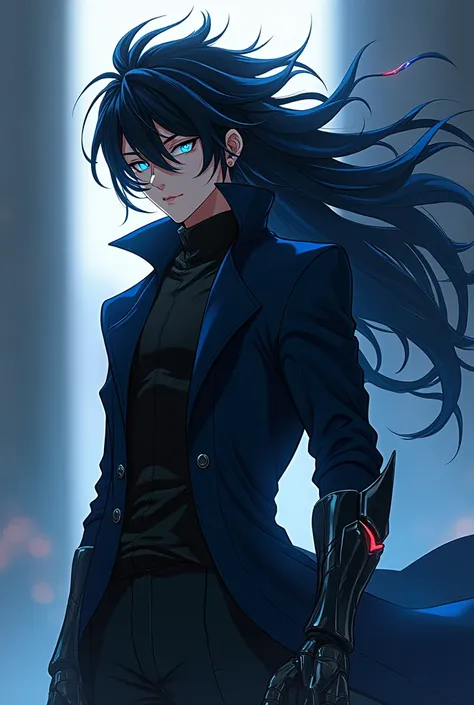 Black skin anime male character with lean and muscular build and has a jet black hair flowing like shadows with streaks of electric blue he wears a sleek, dark trenchcoat, his eyes are a piercing silver he wears combat boots his left arm is encased in a hi...