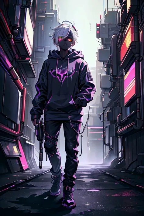 (masterpiece, best quality, ultra-detailed, best shadow), Boy with white hair purple glowing radiant eyes wearing a stylish cyberpunk fashion hoodie