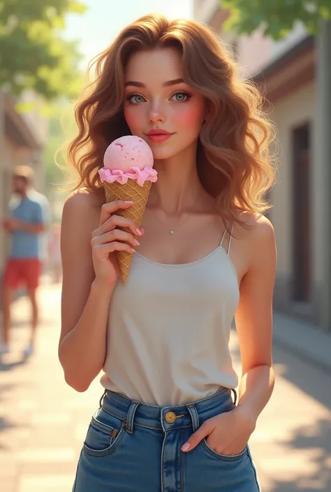  girl with light brown curly hair with white skin and wearing jeans looking straight ahead in full body with an ice cream in her hand during the day